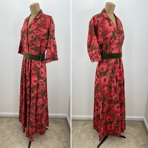 Vintage 60s Evelyn Pearson Lounge Red Floral V Neck Collar Maxi Flare Dress M - Picture 6 of 11
